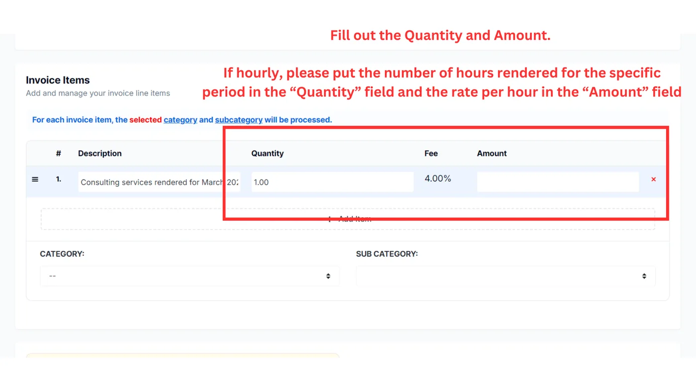 Fill out the Quantity and Amount