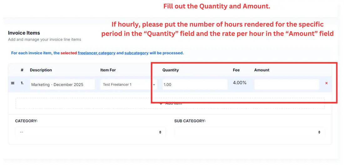 Fill out Quantity and Amount