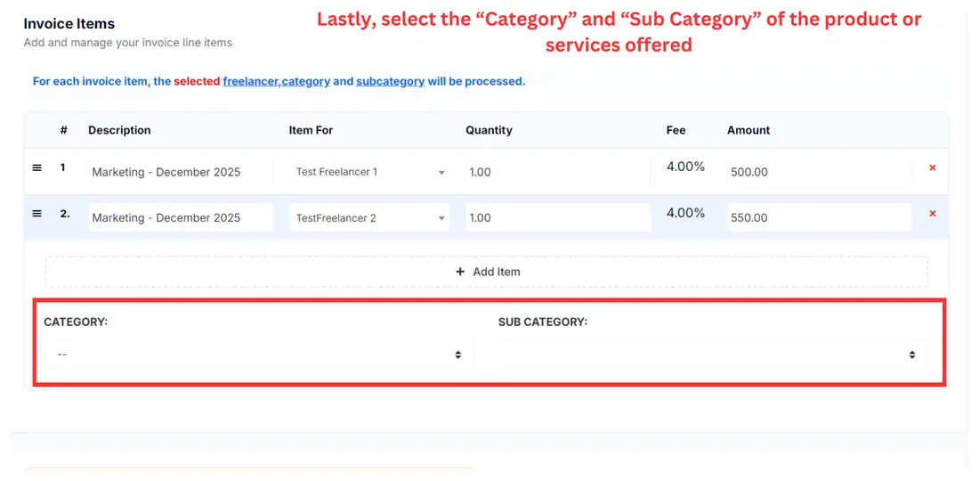 Select the Category and Sub Category