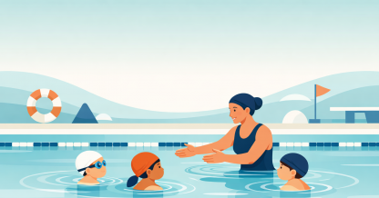 Seasonal childcare workforce swim instructor teaching children in pool