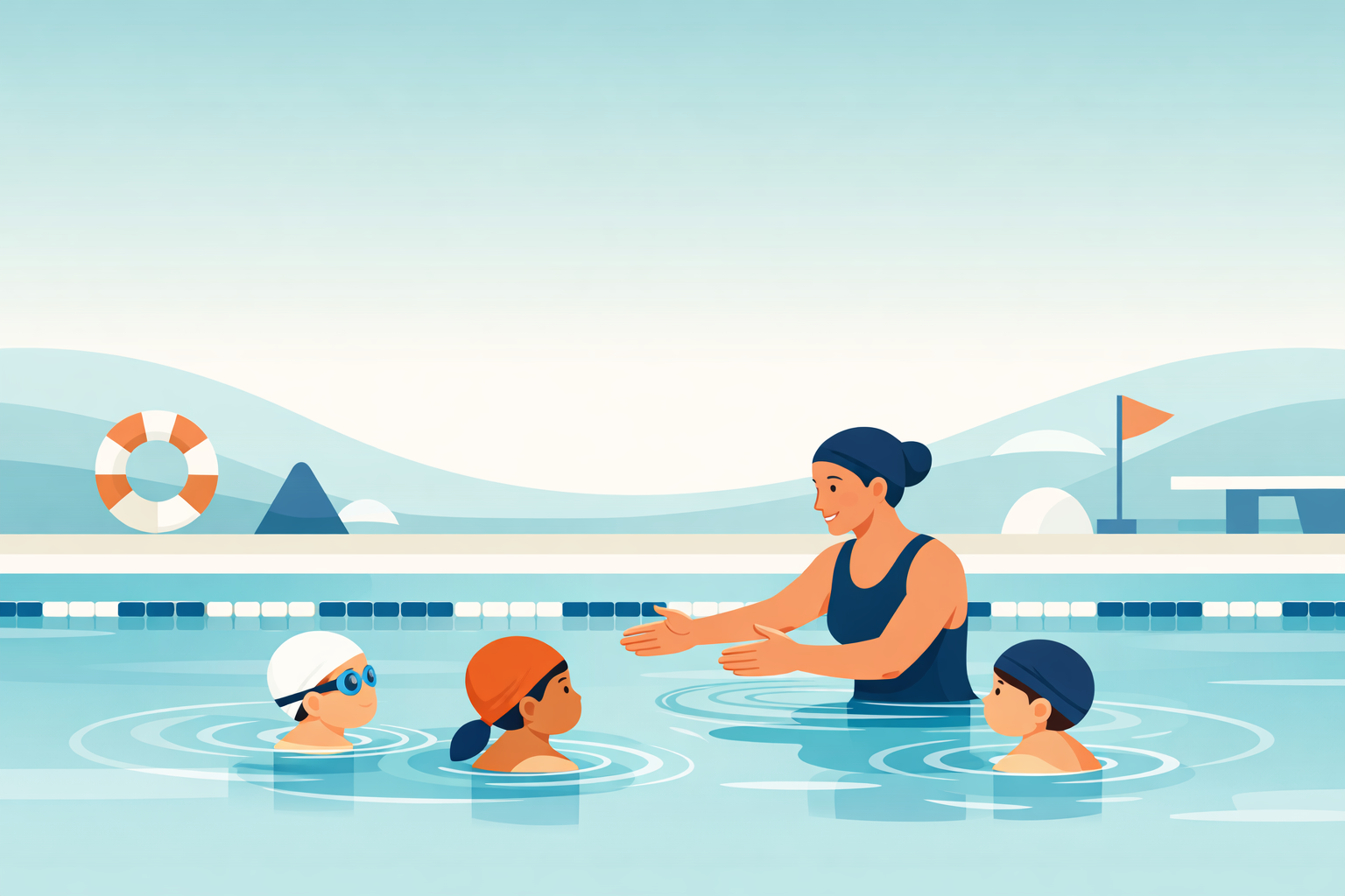 Seasonal childcare workforce swim instructor teaching children in pool