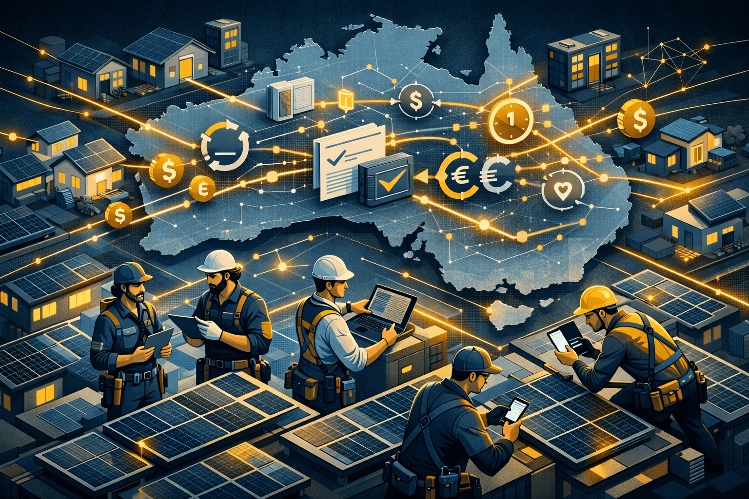 Migrant electrician payments solar panel installation on Australian rooftop