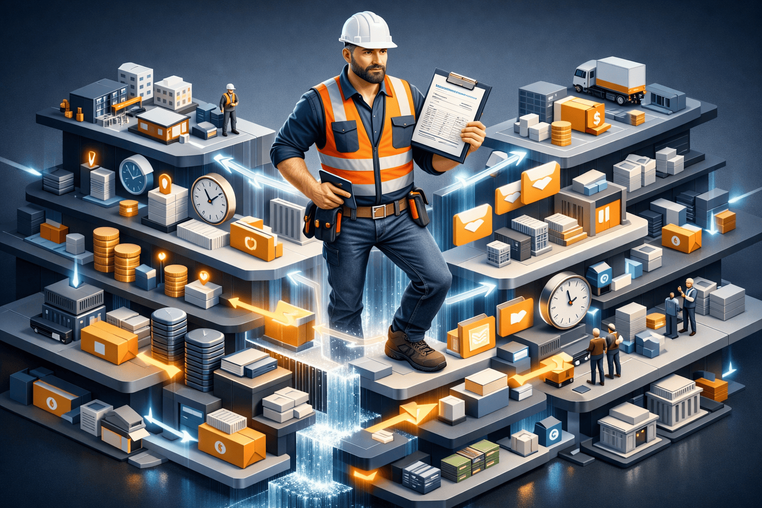 subcontractor payments construction worker reviewing invoices on job site