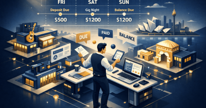 multi-venue invoicing DJ managing weekend payments on laptop between gigs