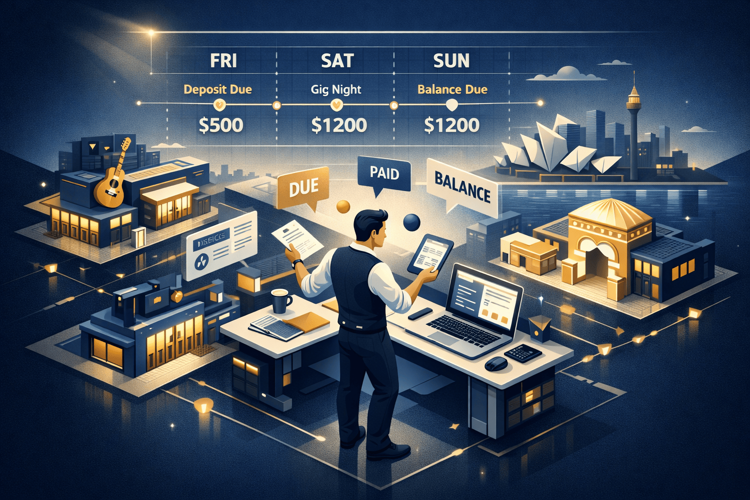 multi-venue invoicing DJ managing weekend payments on laptop between gigs