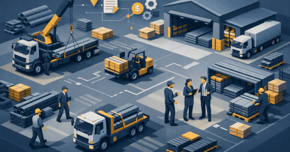 Industrial gig economy steel yard worker operating forklift