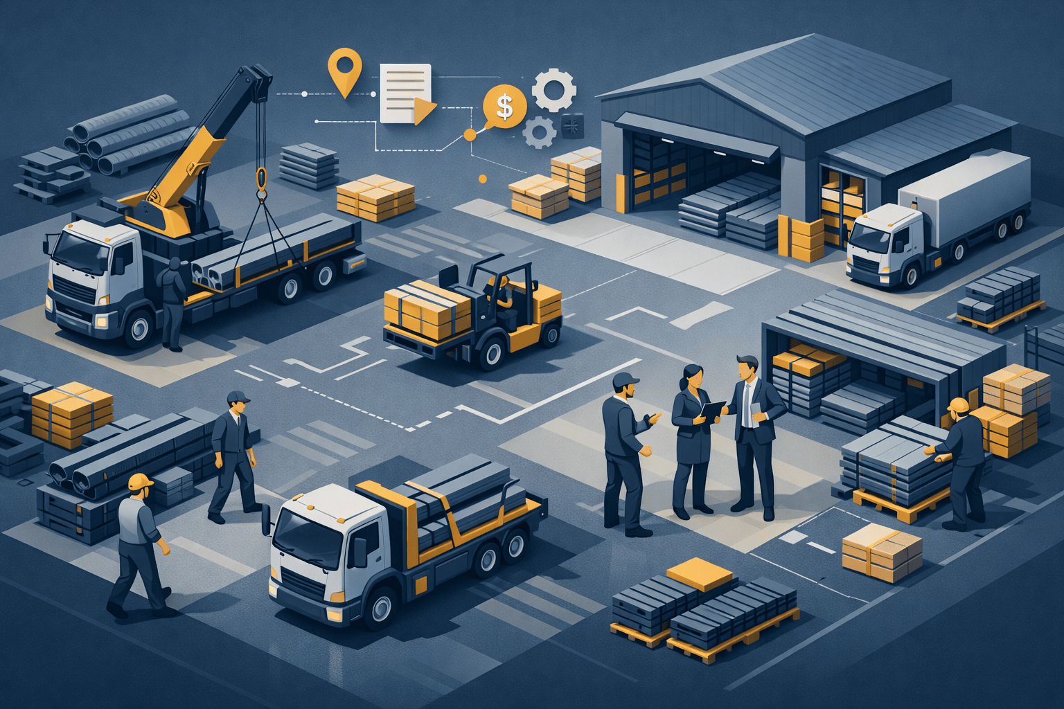 Industrial gig economy steel yard worker operating forklift