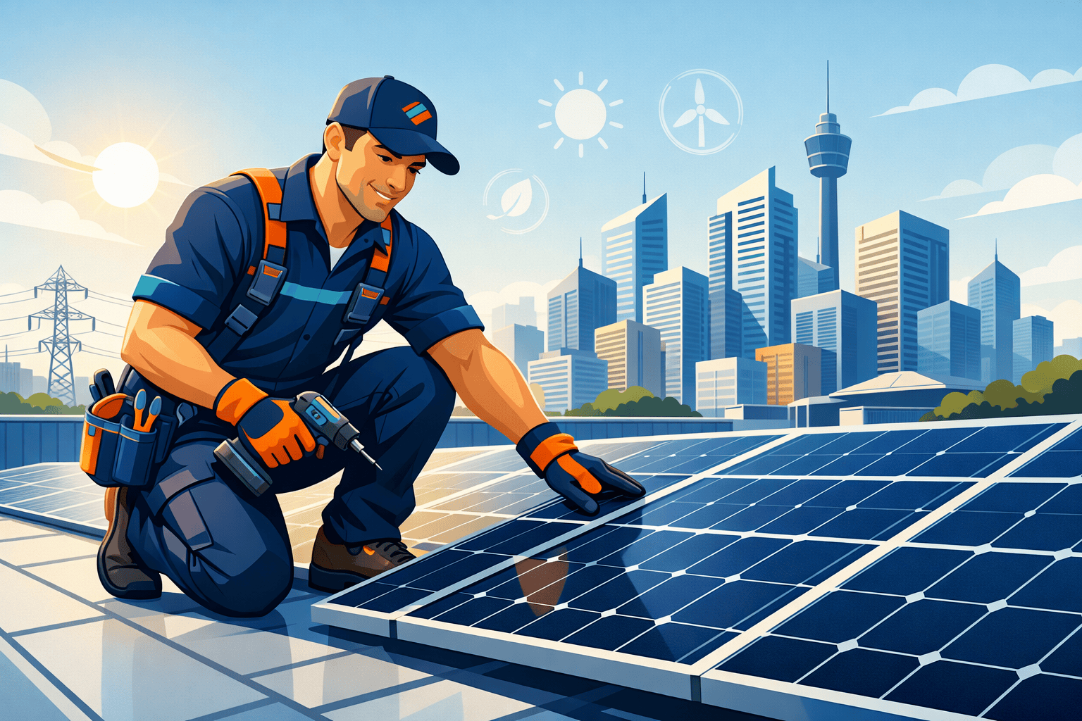 Clean energy skills shortage Australian electrician installing solar panels.