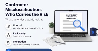 Independent contractor agreement under a magnifying glass, with the three factors behind contractor misclassification risk: control, exclusivity and integration