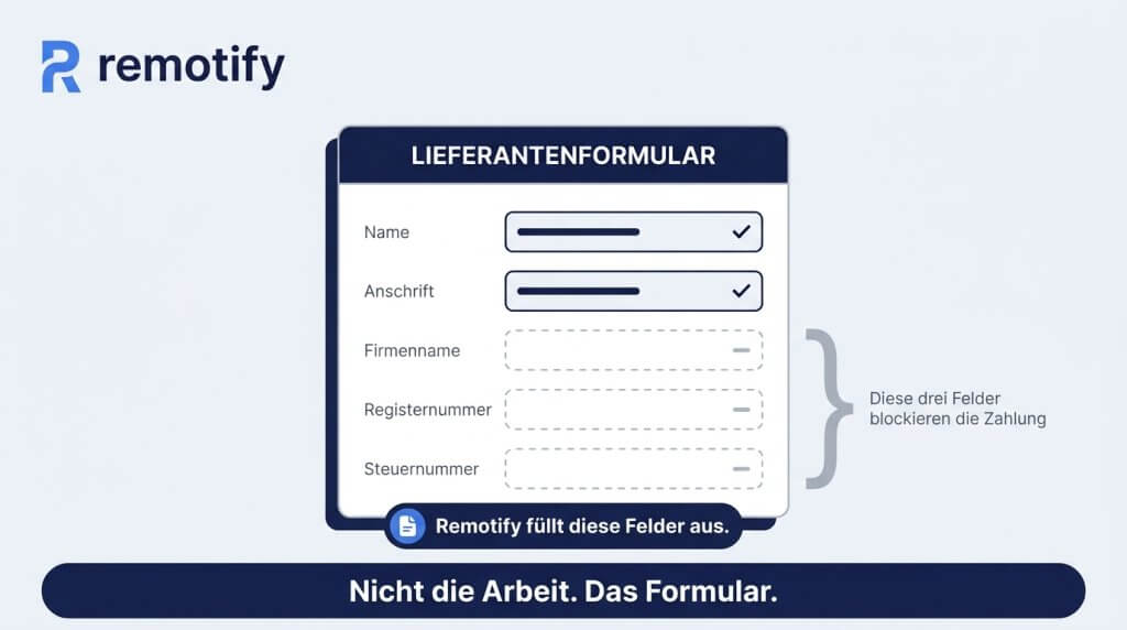 Rechnung ohne Gewerbeanmeldung: Lieferantenformular mit leeren Pflichtfeldern